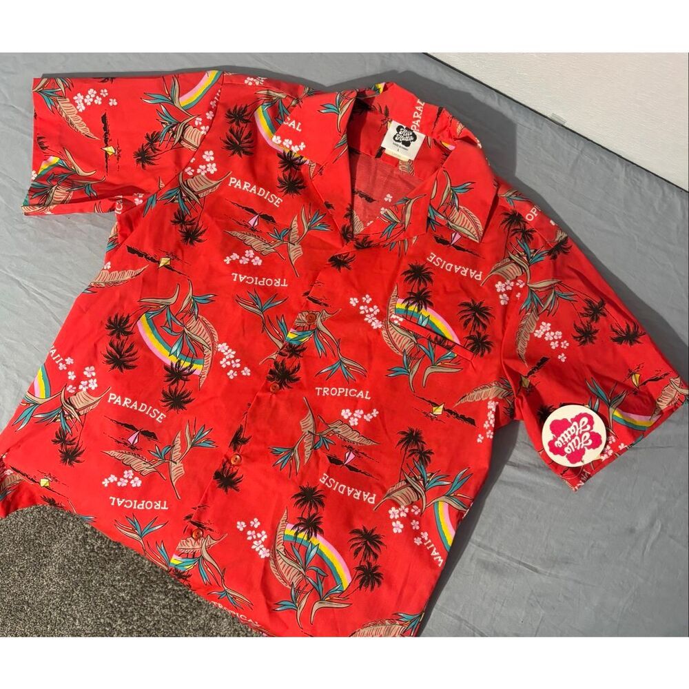 Vintage Hilo Hattie Hawaiian Shirt Mens Large Red Cotton Blend NWT